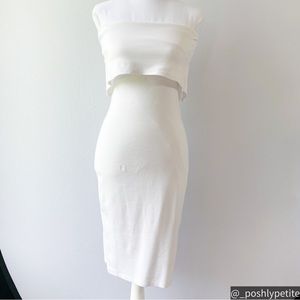 Bebe xs white petite  body con midi flounce strapless double lined dress